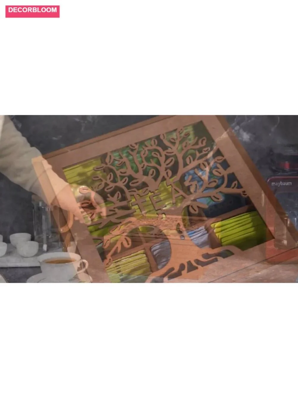 Wood Tea Box Organizer with Tree Pattern 9 Compartments Clear Lid